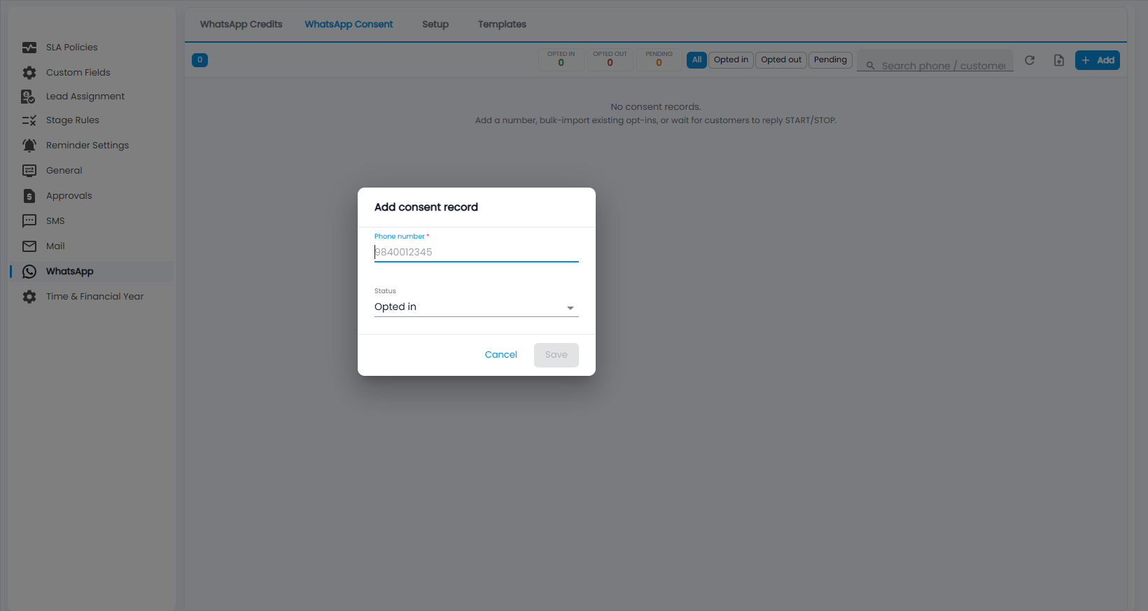 Tazk CRM Add consent record dialog with phone number and status