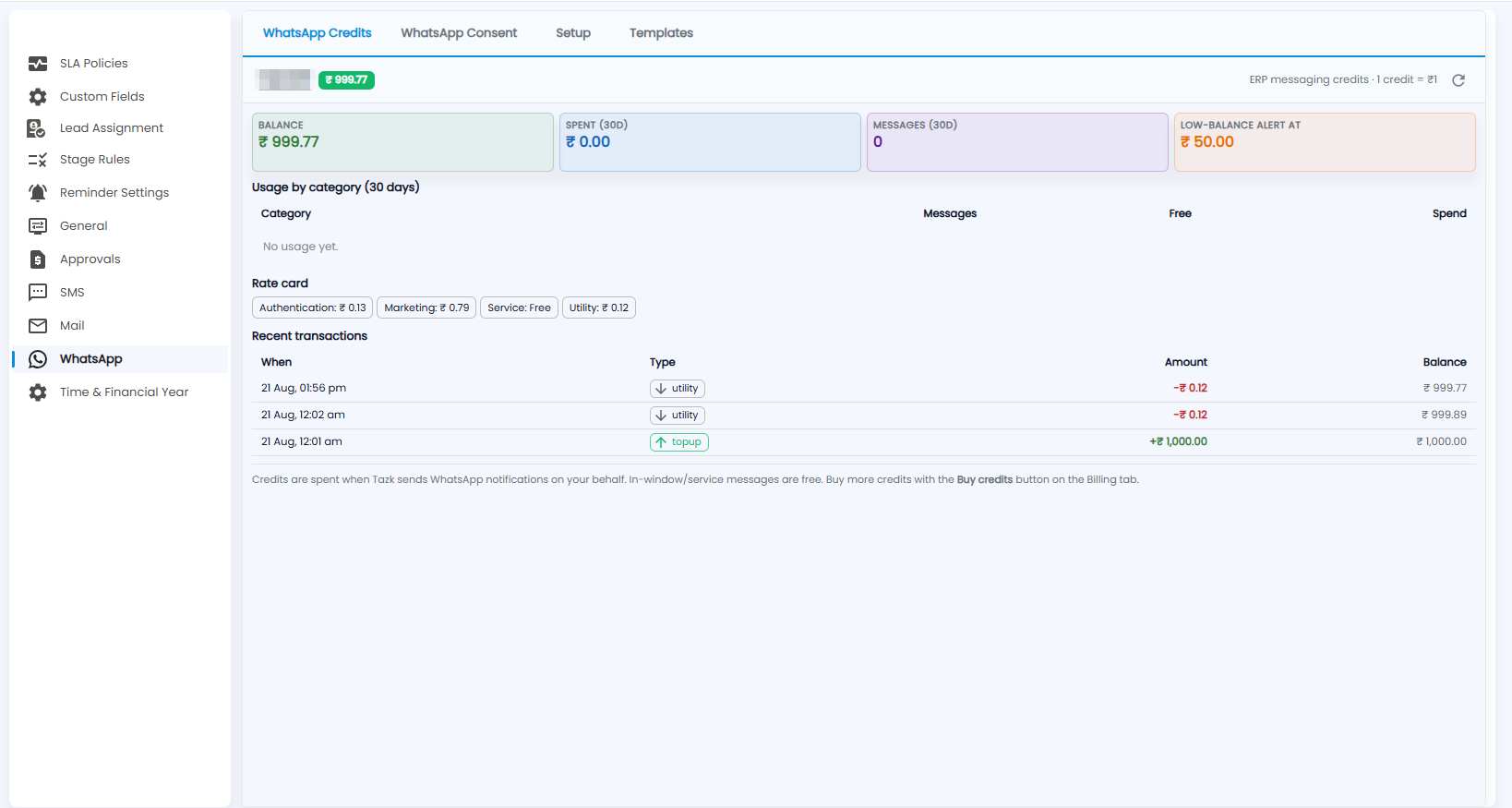 Tazk CRM Configuration, WhatsApp Credits with balance, spent, messages and low-balance alert, usage by category, rate card and recent transactions (business name hidden)