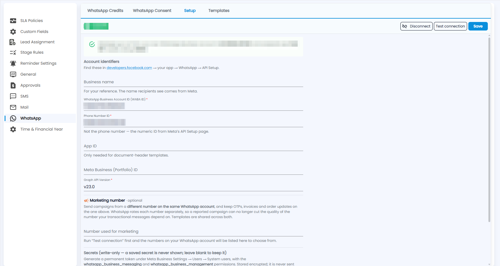 Tazk CRM Configuration, WhatsApp Setup with the connected account banner, account identifiers, Graph API version, marketing number and secrets, and Disconnect, Test connection and Save (account details hidden)