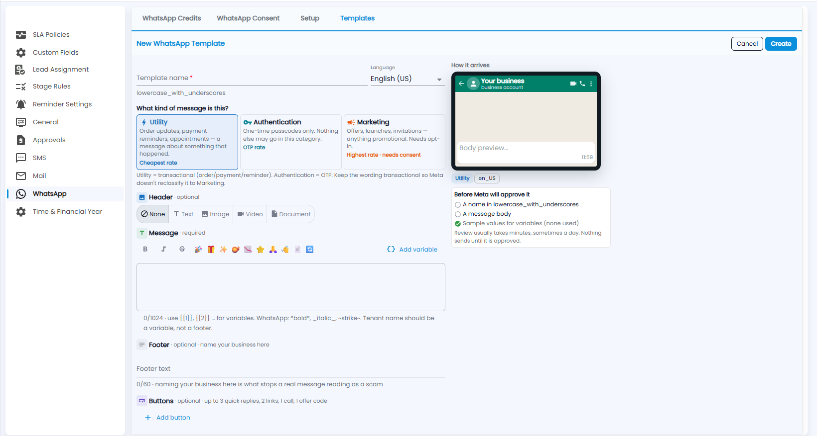 Tazk CRM New WhatsApp Template form with template name, language, message kind, header, message, footer and buttons, and the How it arrives preview
