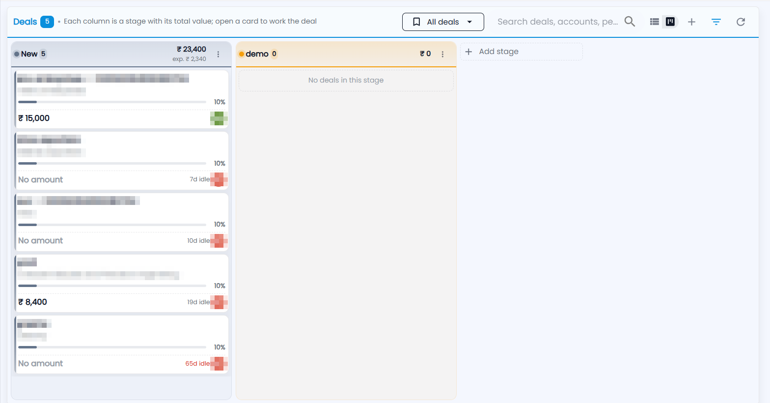 Tazk CRM Deals › Pipeline Board: stage columns with total and expected value, deal cards with probability, amount, idle days and owner, and Add stage (names hidden)