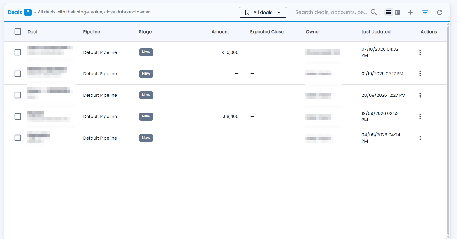 Tazk CRM Deals › Deal List with deal, pipeline, stage, amount, expected close, owner and last updated (names hidden)