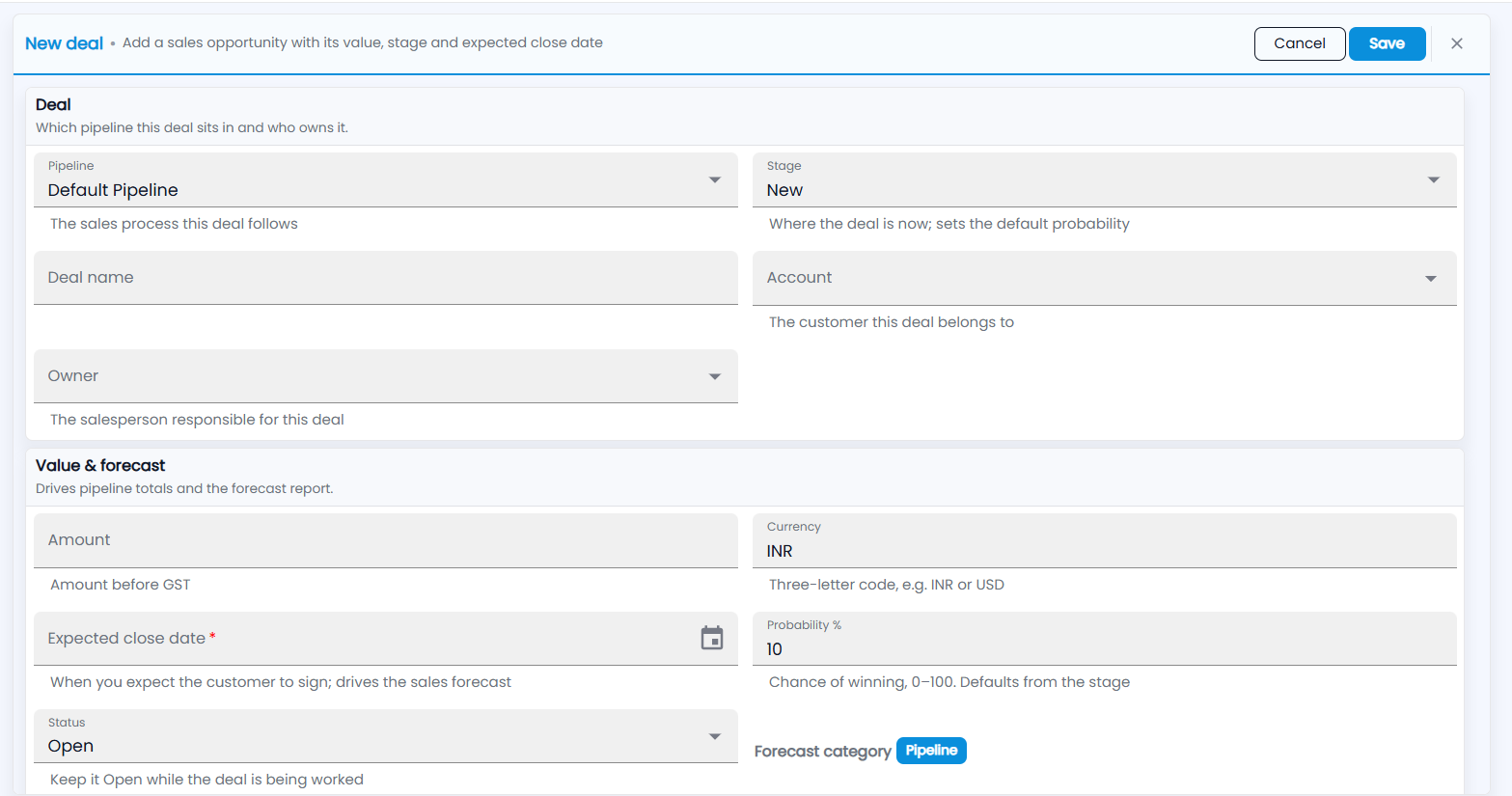 Tazk CRM New deal form with the Deal section and the Value and forecast section