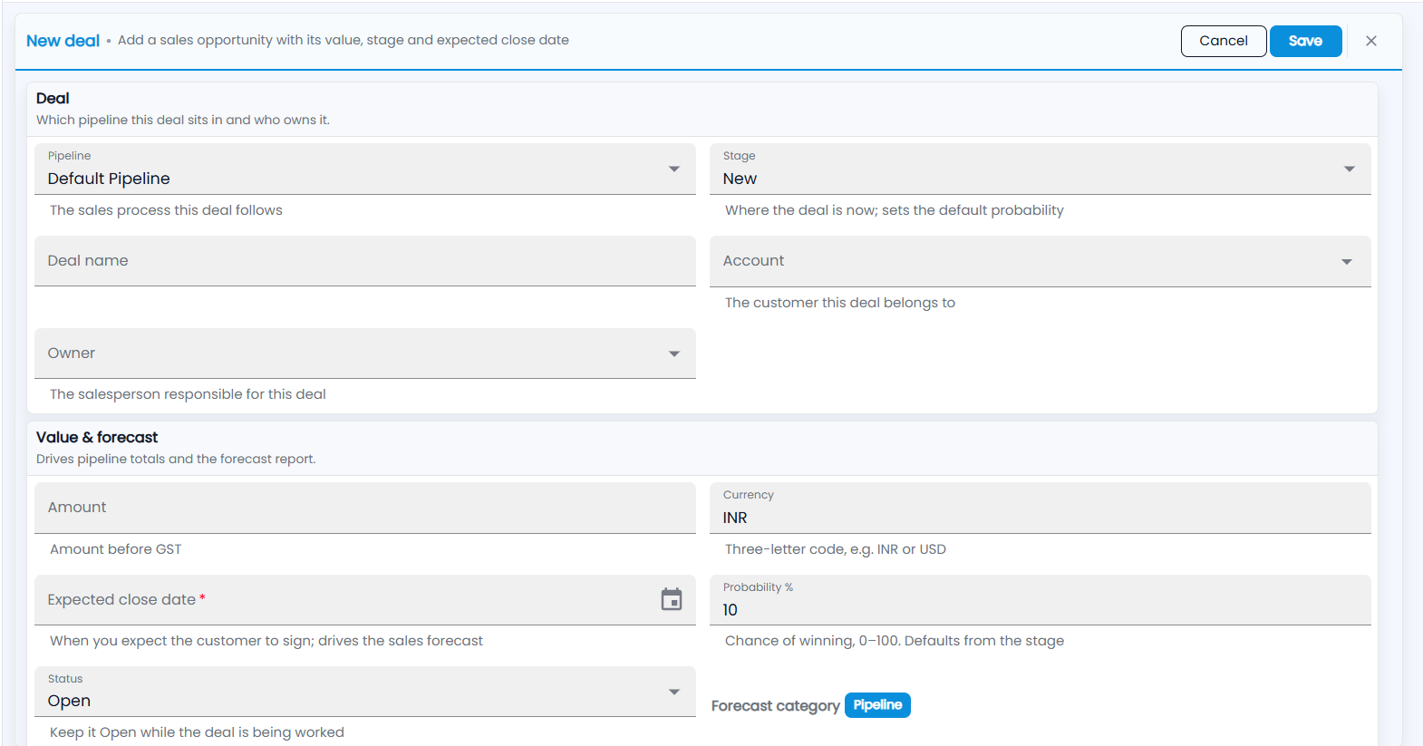 Tazk CRM New deal form: pipeline, stage, deal name, account and owner, then amount, currency, expected close date, probability, status and forecast category