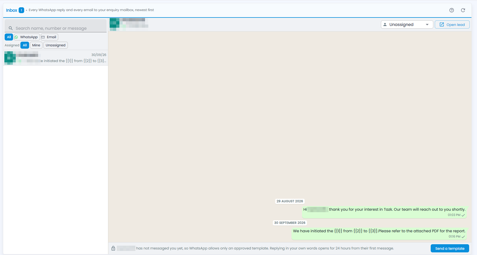 Tazk CRM Inbox with the search box and the All, WhatsApp and Email chips, a conversation in the list, and the open conversation with Open lead and Send a template (names and number hidden)