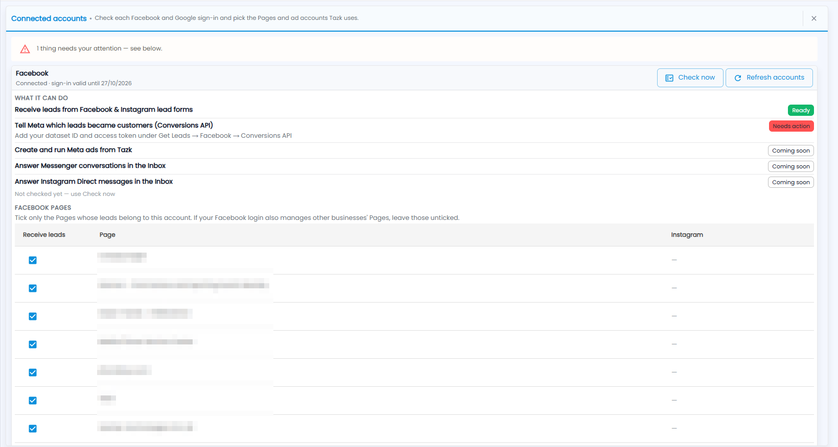 Tazk CRM Connected accounts for Facebook, with what it can do and each status, and the Facebook Pages list with Receive leads tick boxes (page names hidden)