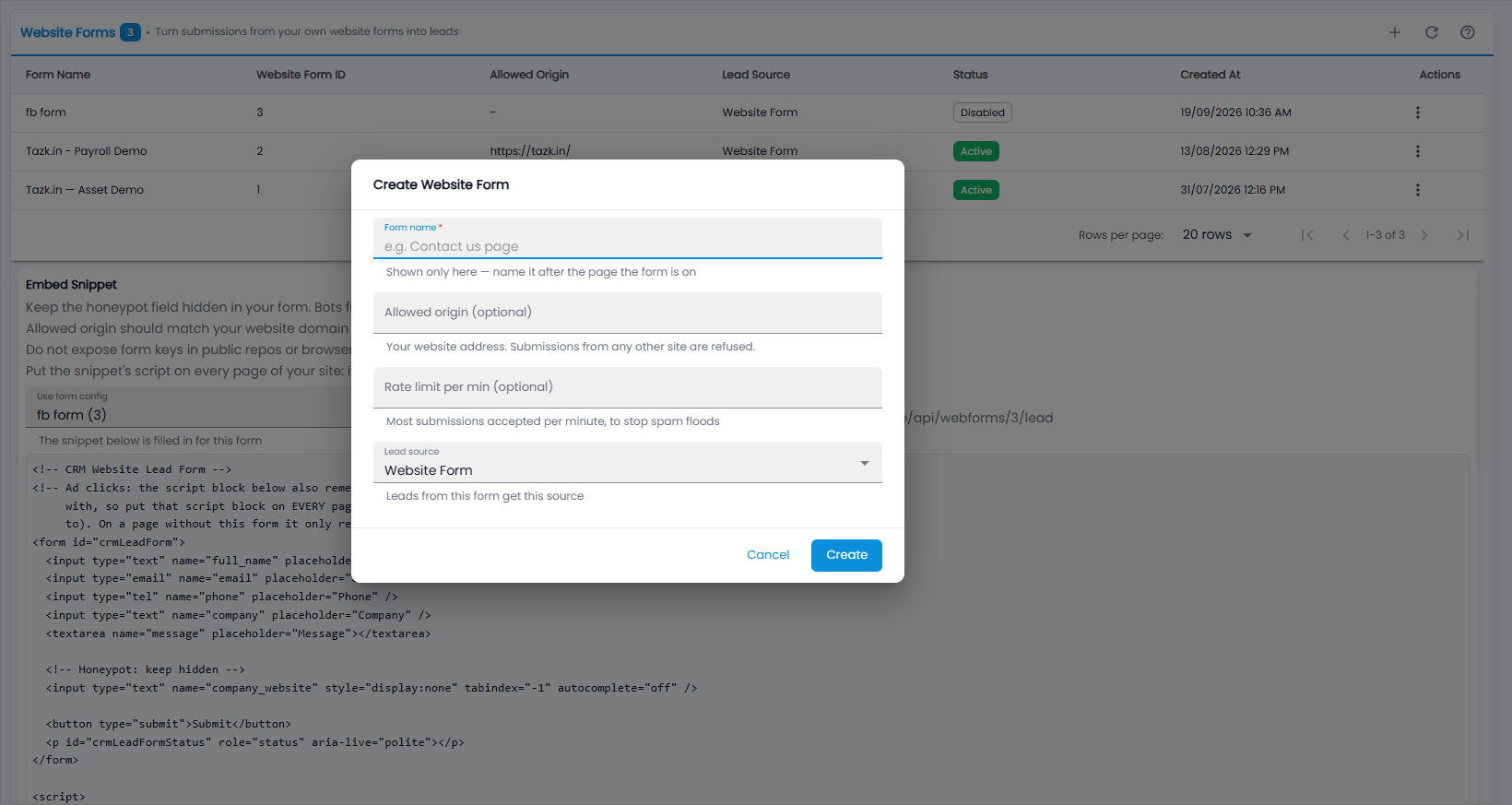 Tazk CRM Create Website Form dialog with form name, allowed origin, rate limit per minute and lead source