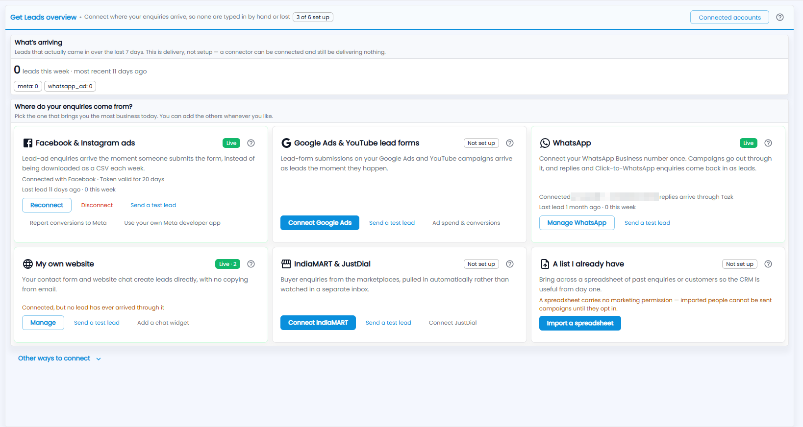 Tazk CRM Get Leads overview with What is arriving, and cards for Facebook and Instagram ads, Google Ads and YouTube lead forms, WhatsApp, My own website, IndiaMART and JustDial, and A list I already have (number hidden)