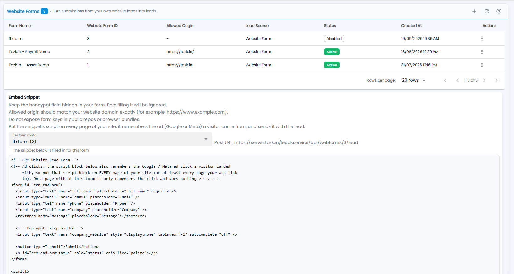 Tazk CRM Website Forms list with form name, form ID, allowed origin, lead source, status and created date, and the Embed Snippet with the post URL and form code