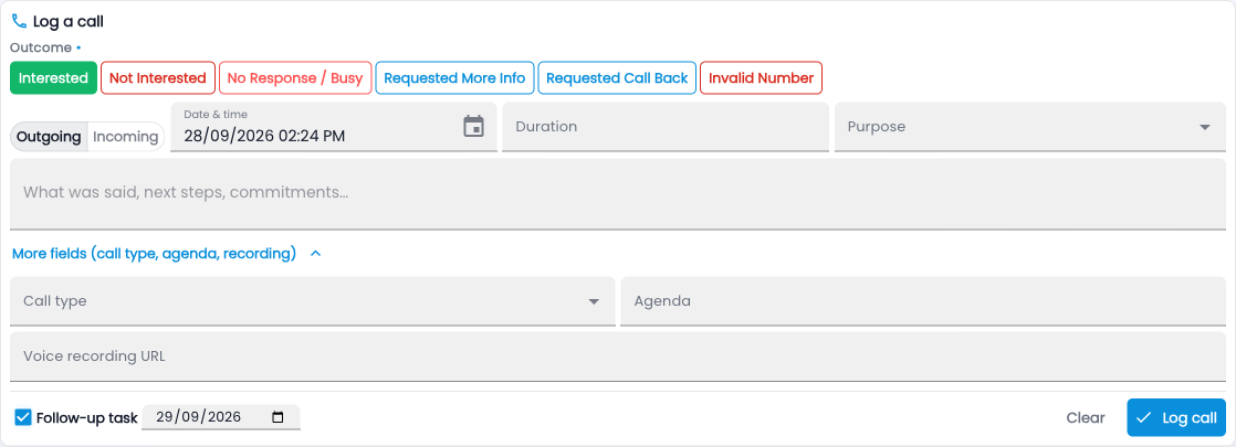 Tazk CRM Log a call quick form on a lead with outcome chips, direction, date and time, duration, purpose, notes and the follow-up task tick-box