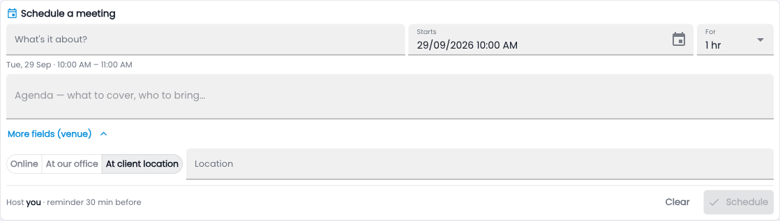 Tazk CRM Schedule a meeting quick form with subject, start, length, agenda and the Online, At our office and At client location choices