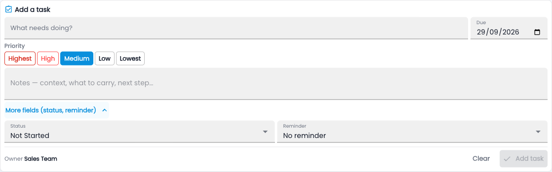 Tazk CRM Add a task quick form on a lead: what needs doing, due date, priority, notes, status and reminder