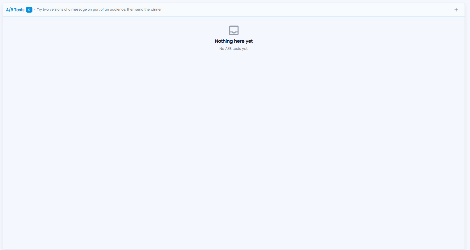 Tazk CRM A/B Tests screen with Nothing here yet and the + button