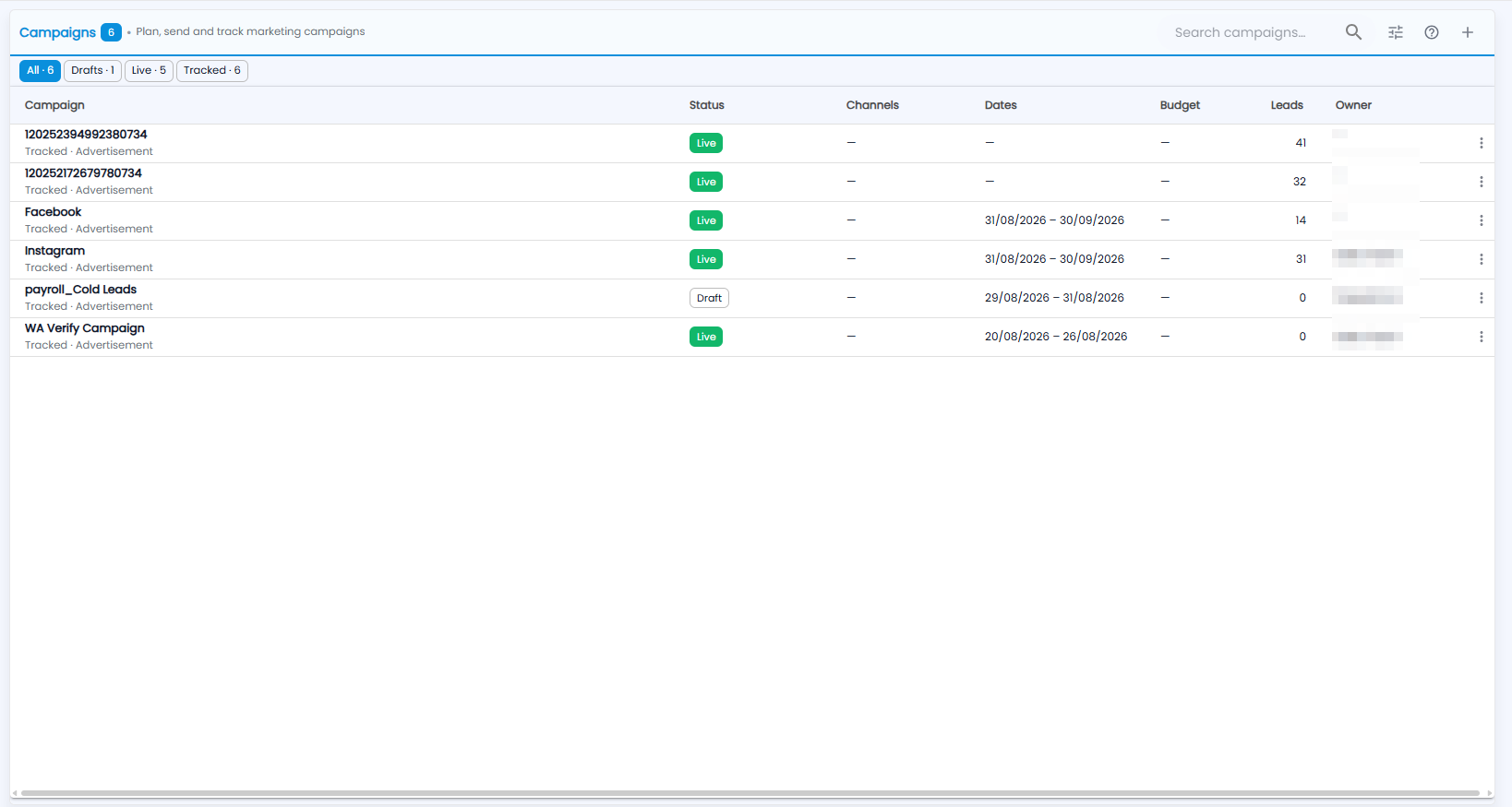 Tazk CRM Campaigns list with the All, Drafts, Live and Tracked chips, and campaigns with status, channels, dates, budget, leads and owner (owner names hidden)