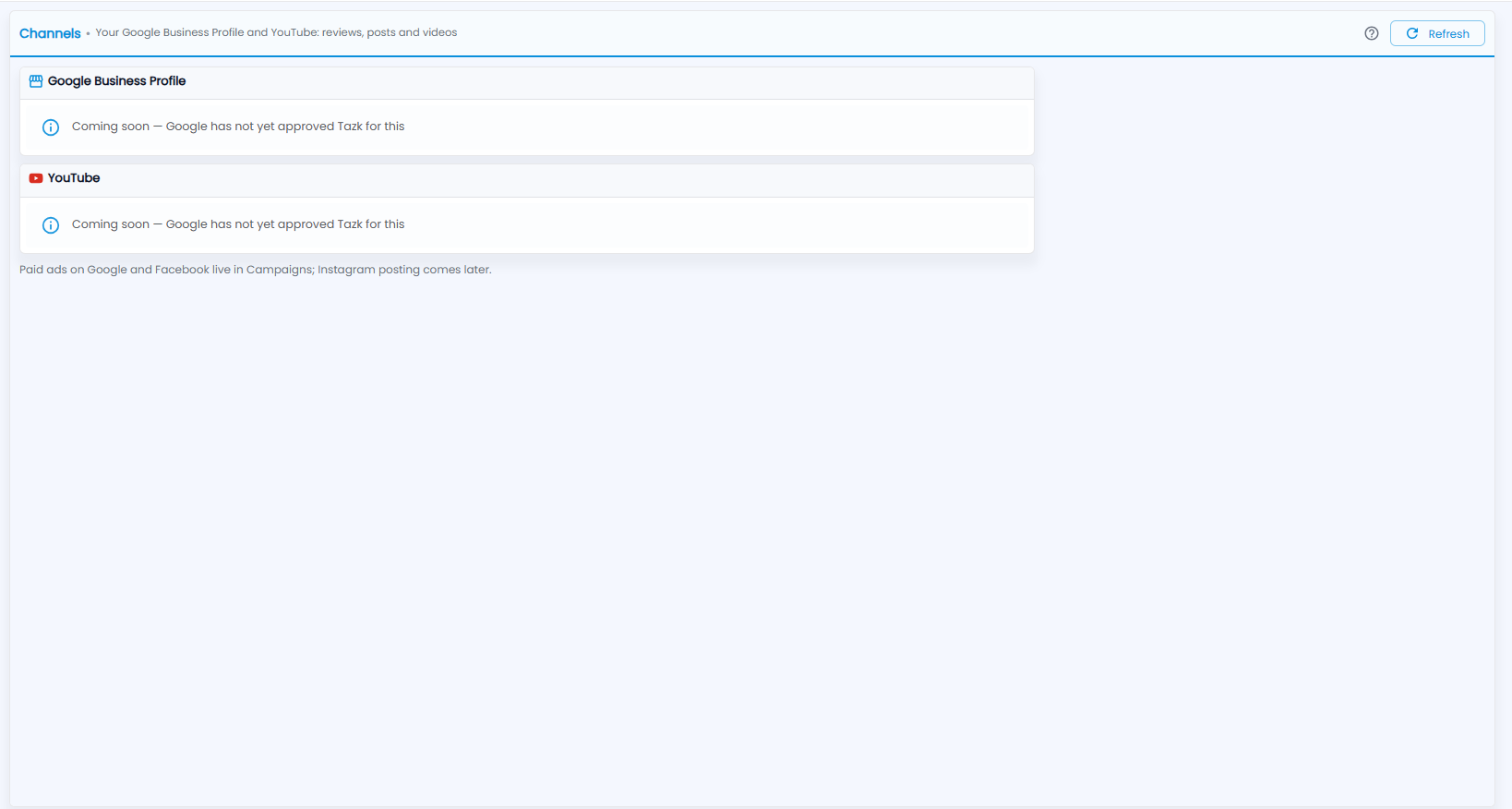 Tazk CRM Channels screen with Google Business Profile and YouTube, each marked Coming soon — Google has not yet approved Tazk for this