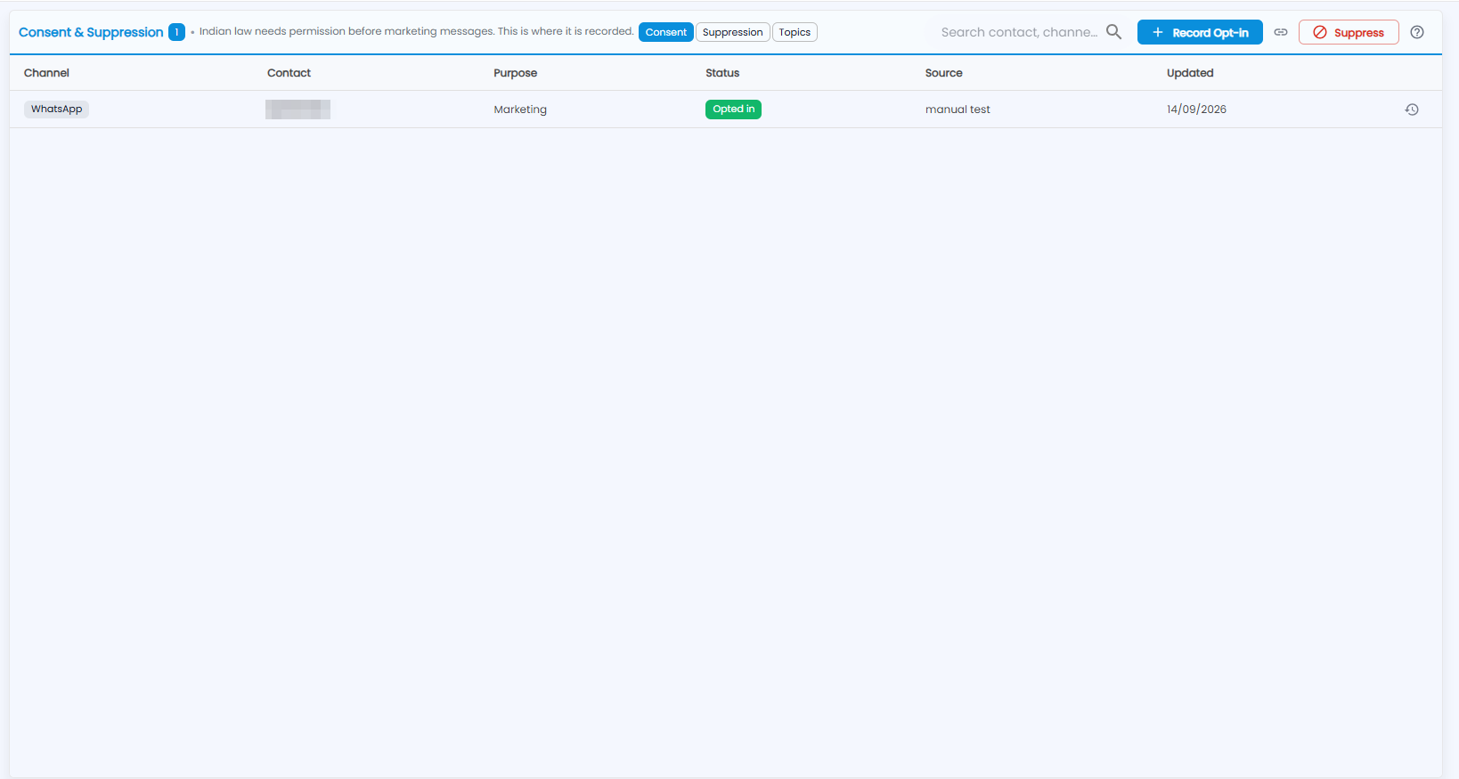 Tazk CRM Consent and Suppression screen on the Consent tab, with a WhatsApp opt-in showing channel, contact, purpose, status, source and updated date (contact hidden)