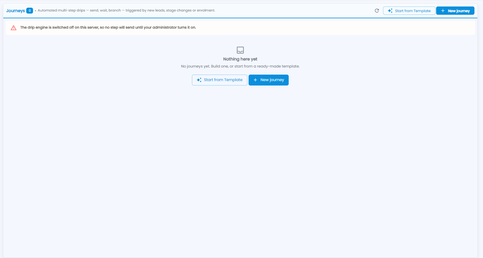 Tazk CRM Journeys screen with the drip engine switched off notice, Nothing here yet, Start from Template and New journey