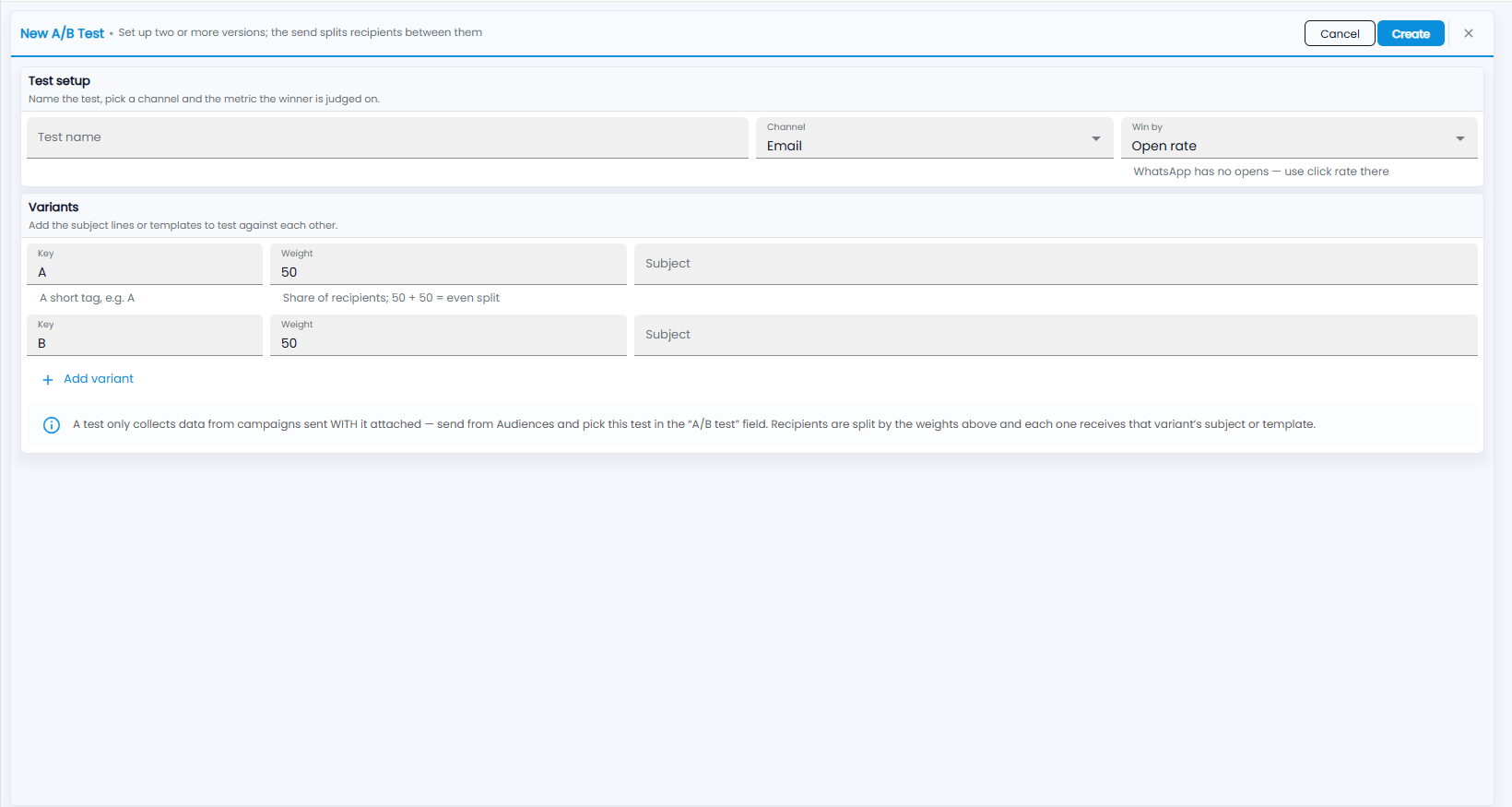 Tazk CRM New A/B Test form with test name, channel and win by, two variants A and B with weights of 50 and subjects, Add variant and Create