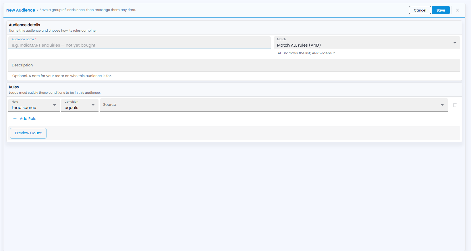 Tazk CRM New Audience form with audience name, match setting, description, a rule with field, condition and value, Add Rule and Preview Count