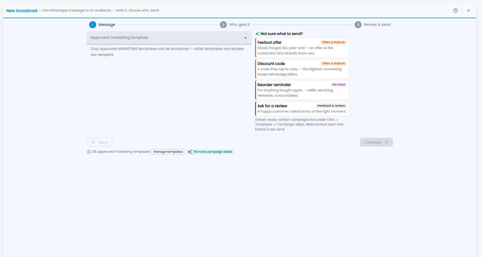 Tazk CRM New broadcast, step 1 Message: the Approved marketing template picker, campaign ideas such as Festival offer, Discount code, Reorder reminder and Ask for a review, and Continue