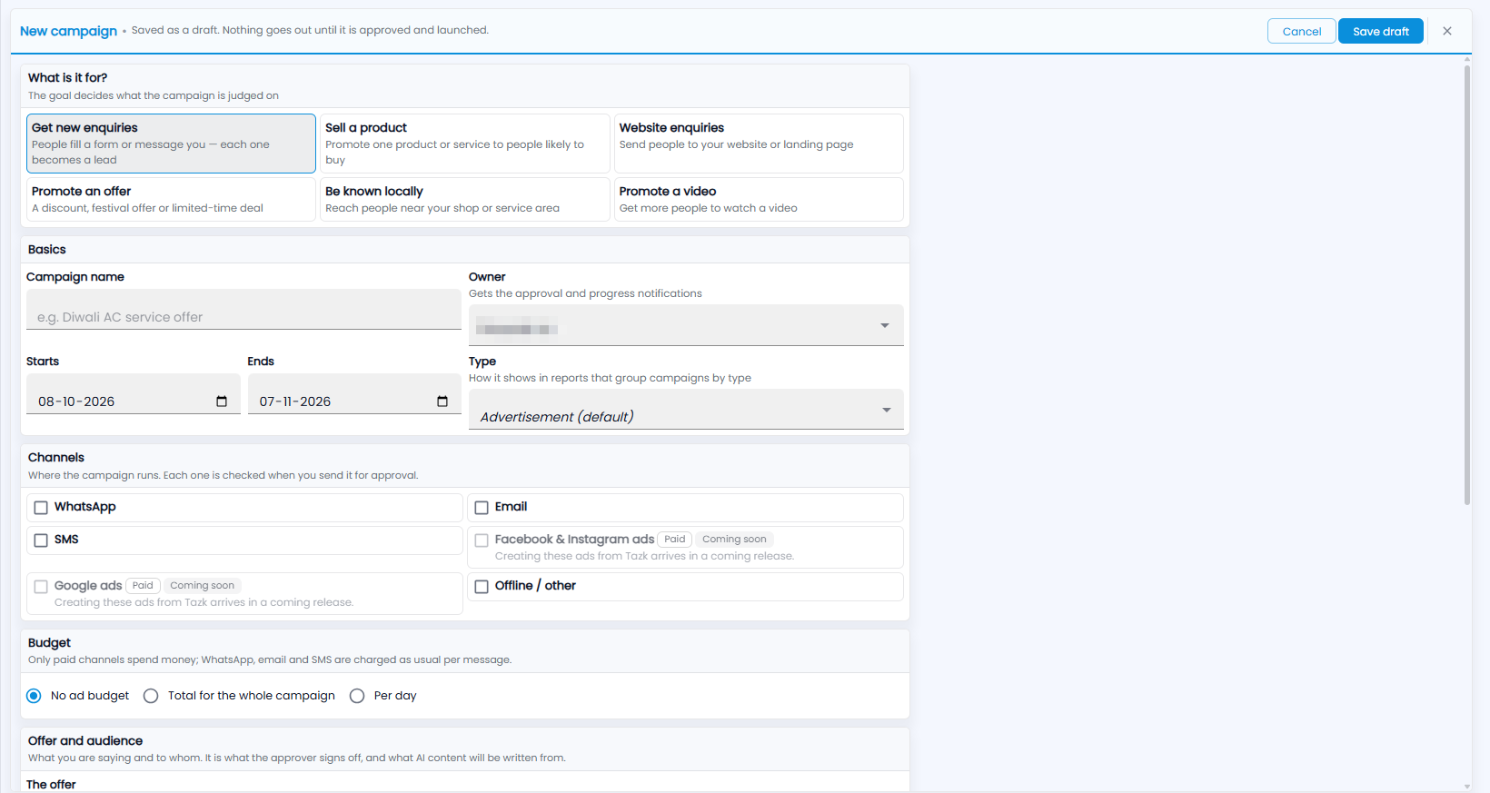 Tazk CRM New campaign form: What is it for goals, Basics, Channels with Facebook and Google ads marked coming soon, Budget, and Offer and audience (owner name hidden)