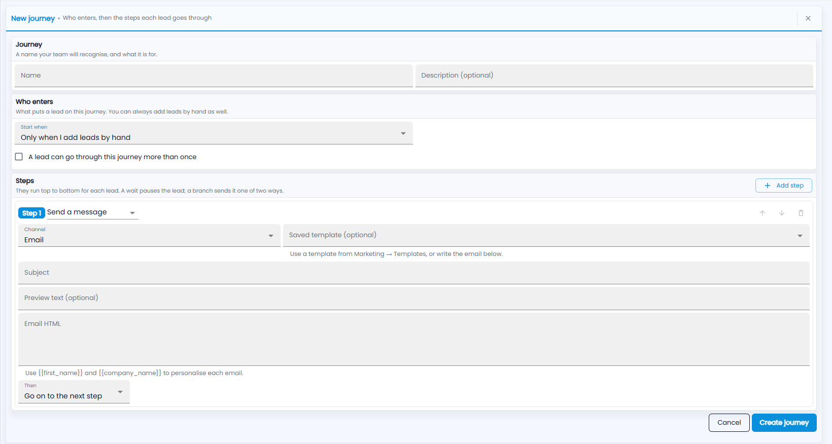 Tazk CRM New journey form: name and description, Who enters with Start when, a step that sends an email with subject, preview text and email HTML, and Create journey