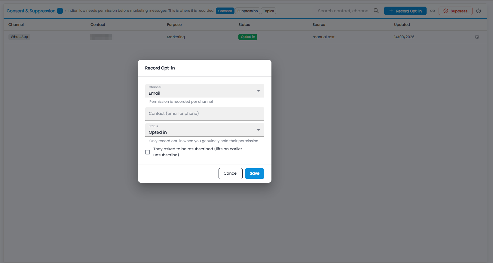 Tazk CRM Record Opt-in dialog with channel, contact, status and the resubscribed tick box