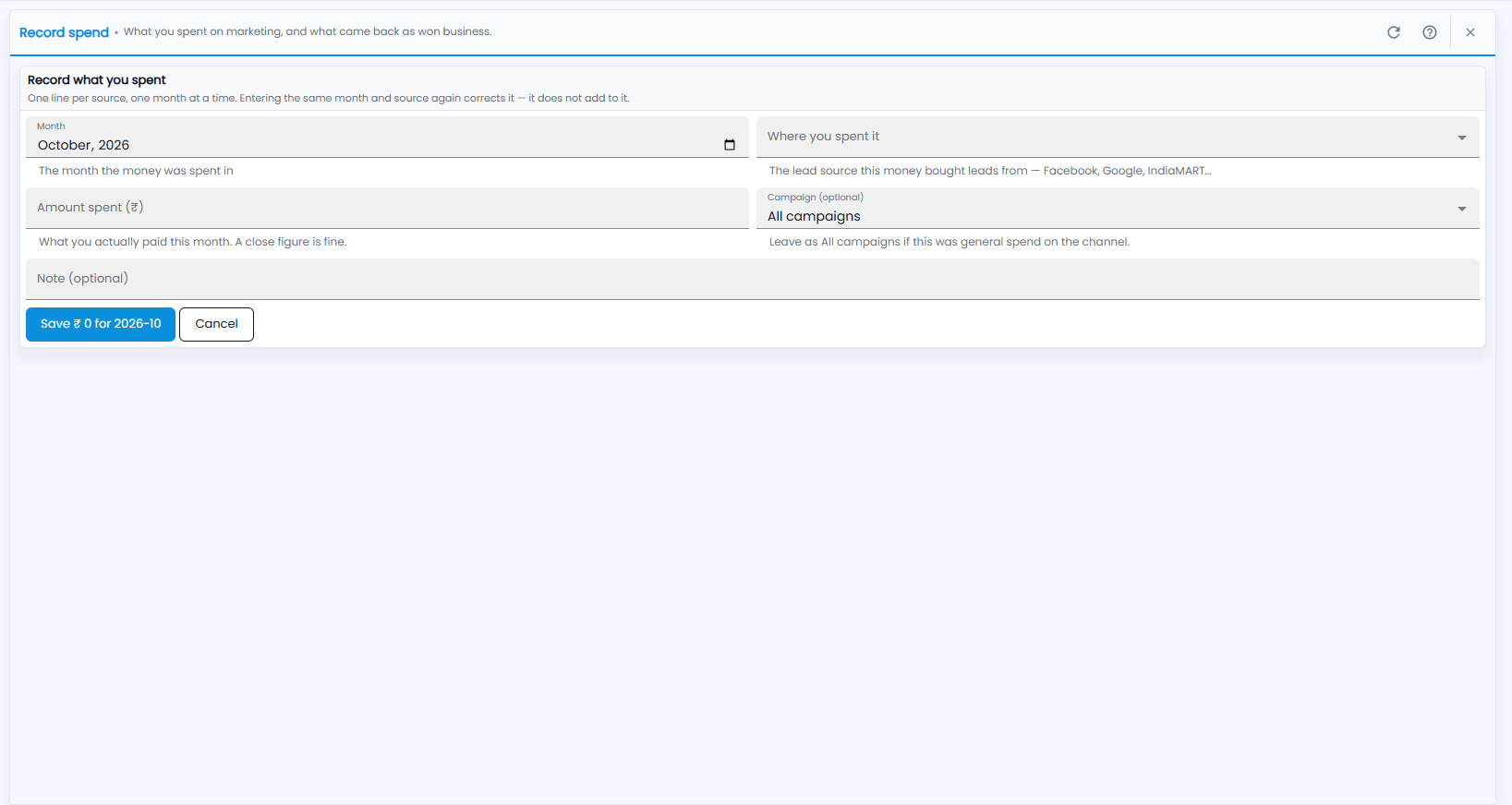Tazk CRM Record spend form with month, where you spent it, amount spent, campaign, note and the Save button