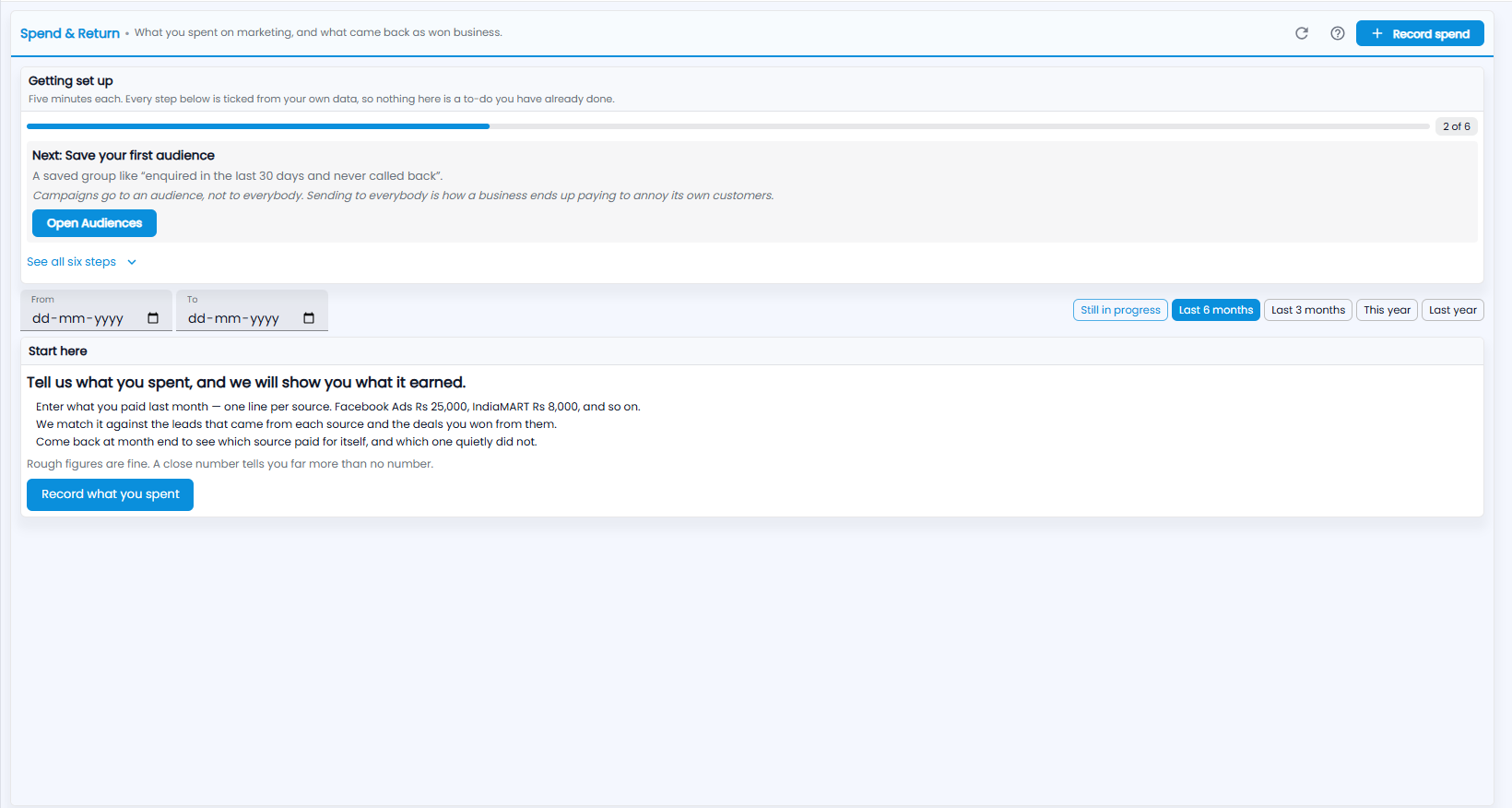 Tazk CRM Spend and Return page with the Getting set up checklist, From and To dates, quick ranges, and the Start here card with Record what you spent