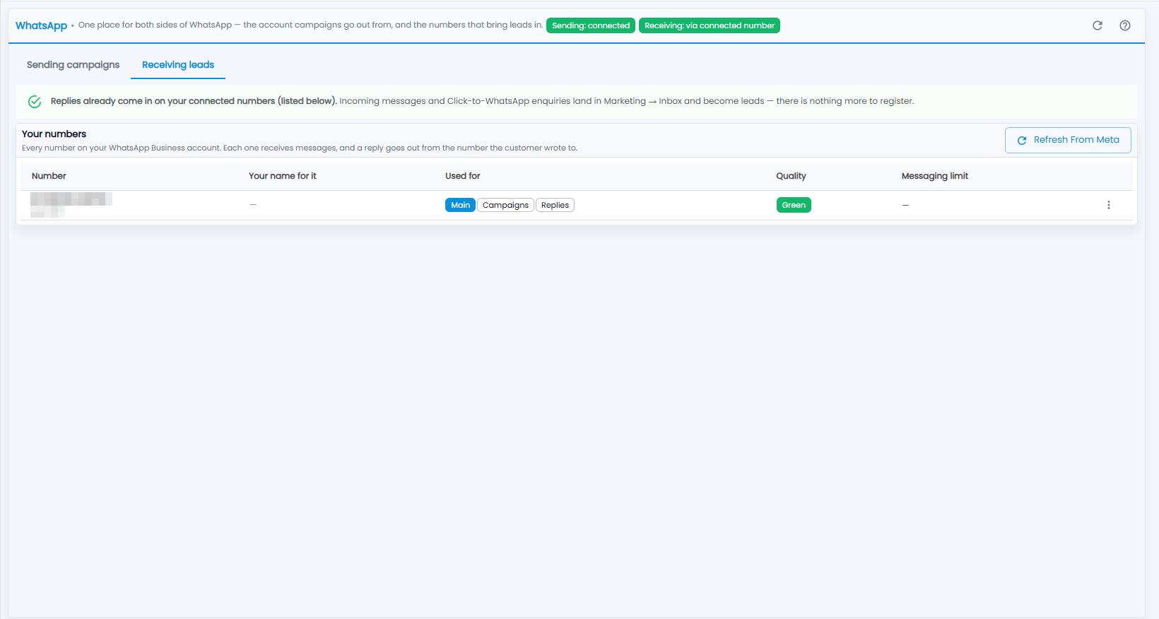 Tazk CRM WhatsApp page, Receiving leads tab: replies come in on your connected numbers, and Your numbers with number, name, used for, quality and messaging limit (number hidden)