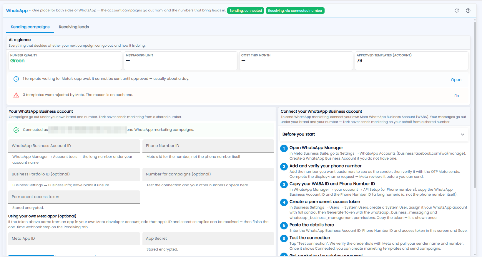 Tazk CRM WhatsApp page, Sending campaigns tab: At a glance tiles, template notices, Your WhatsApp Business account fields, and the Connect your WhatsApp Business account steps (number hidden)