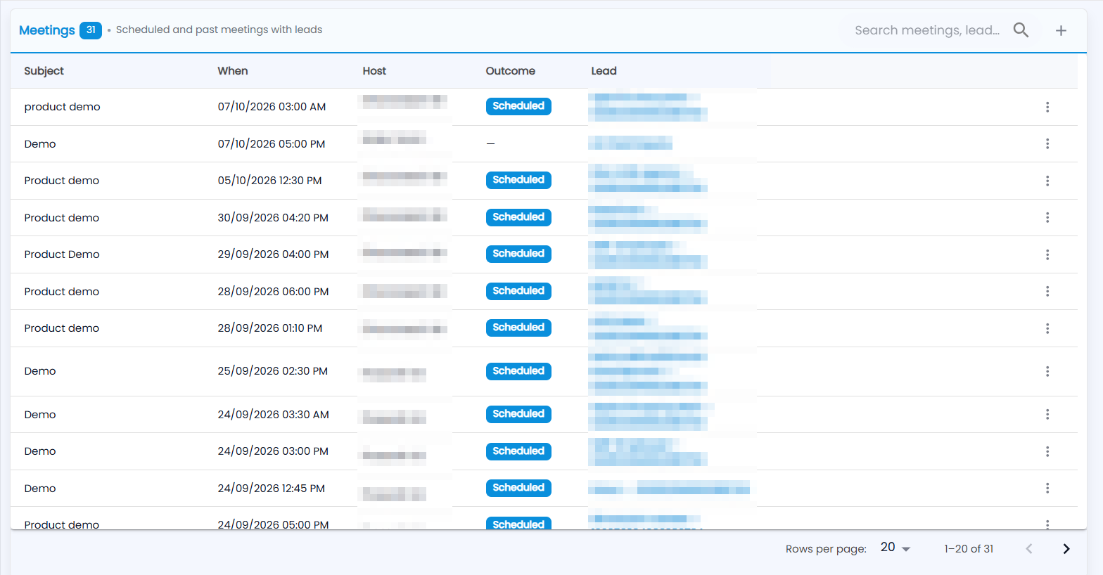 Tazk CRM My Work › Meetings: scheduled and past meetings with subject, date and time, host, outcome and lead (names hidden)