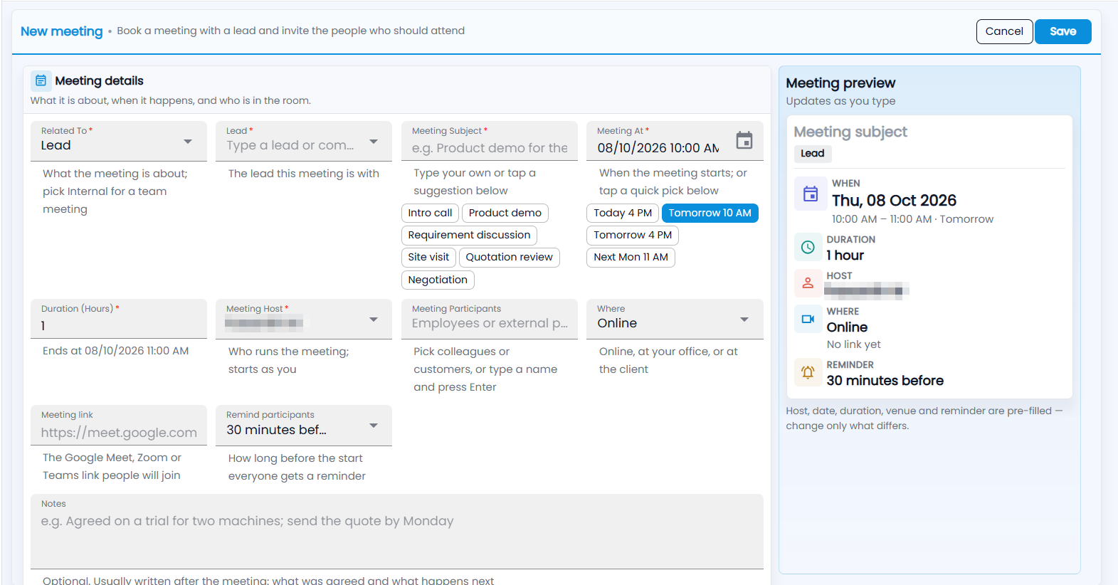 Tazk CRM New meeting form: related to, lead, subject suggestions, meeting time quick picks, duration, host, participants, where, meeting link, remind participants and notes, with a meeting preview on the right (host name hidden)
