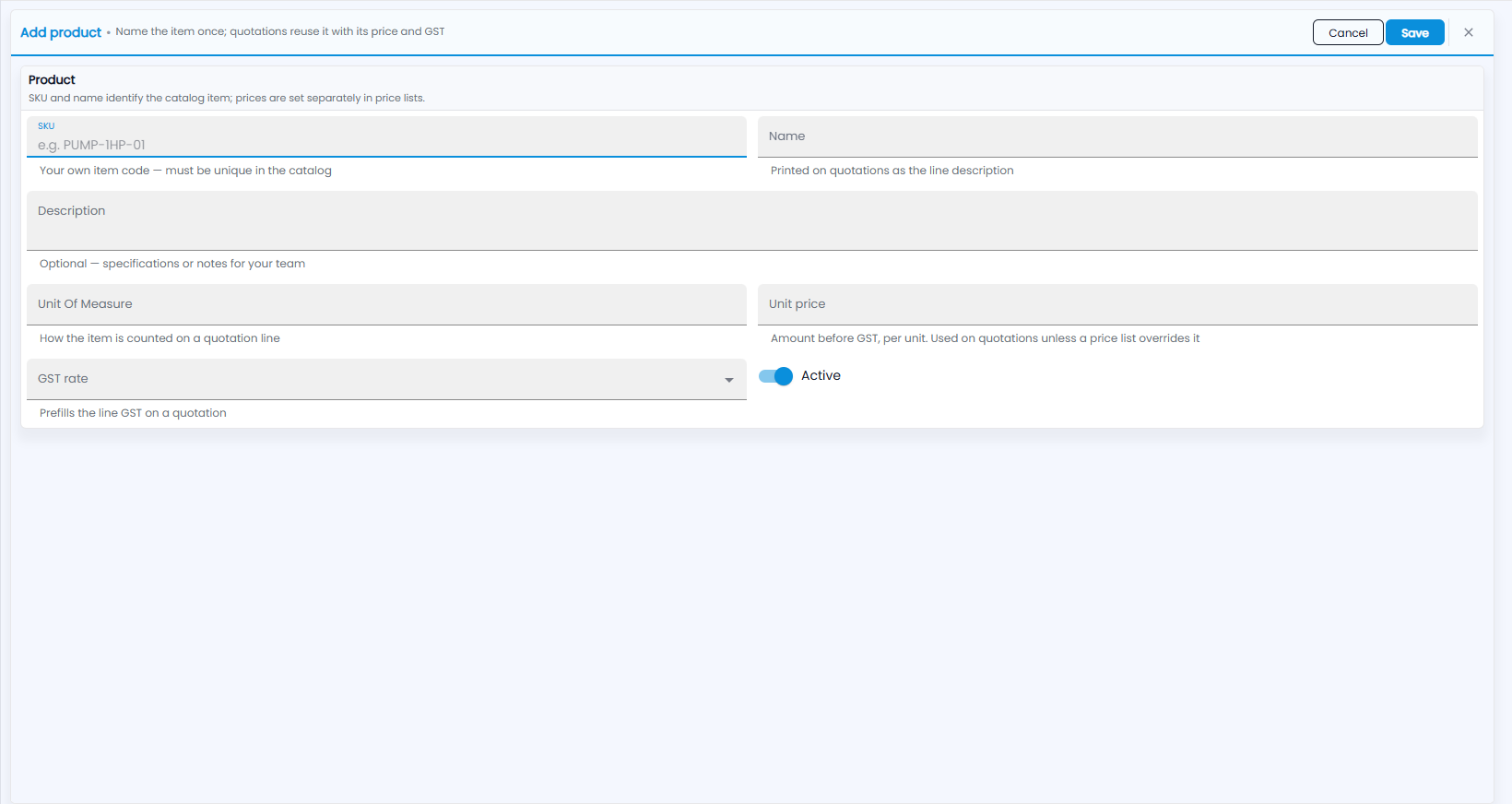 Tazk CRM Add product form with SKU, name, description, unit of measure, unit price, GST rate and Active