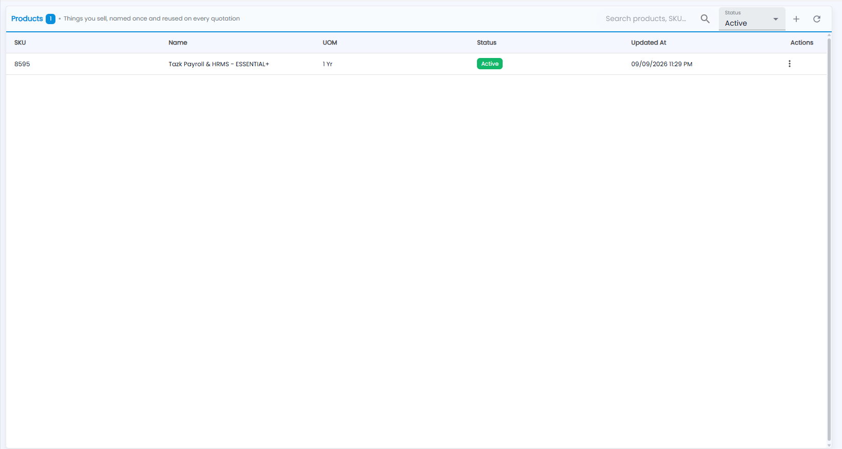 Tazk CRM Quotes › Catalog, headed Products, with SKU, name, UOM, status and updated date