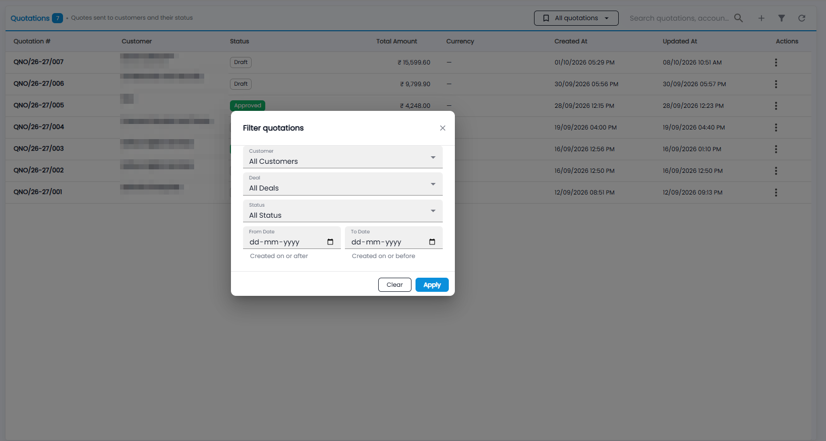 Tazk CRM Filter quotations dialog with customer, deal, status, from date and to date (customer names behind hidden)