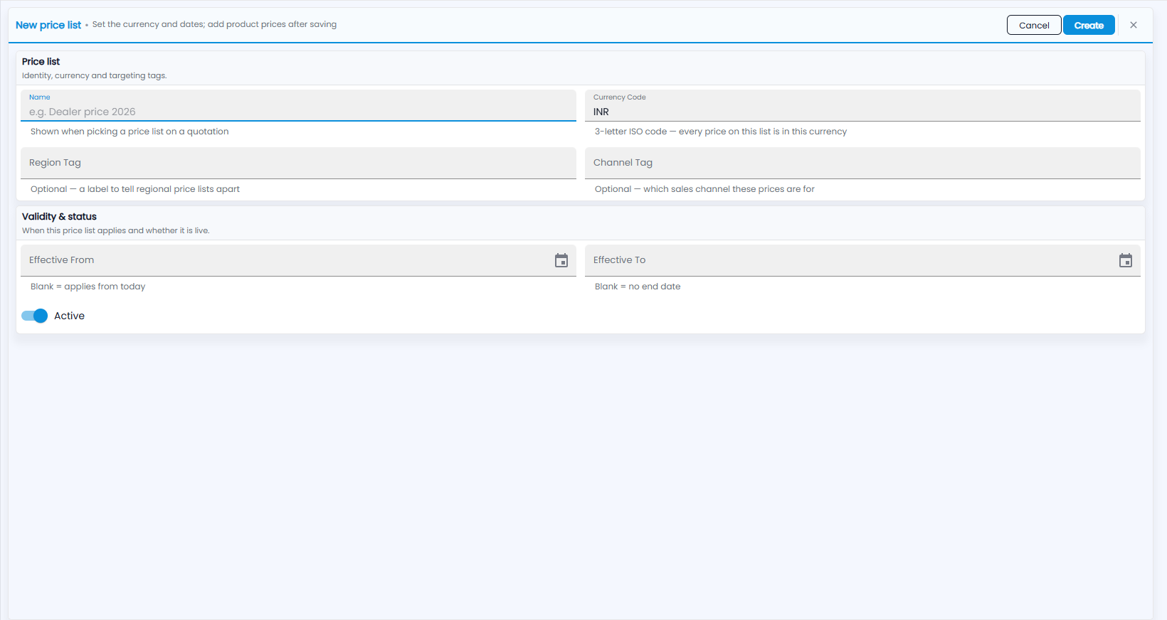 Tazk CRM New price list form with name, currency code, region tag, channel tag, effective from and to, and Active