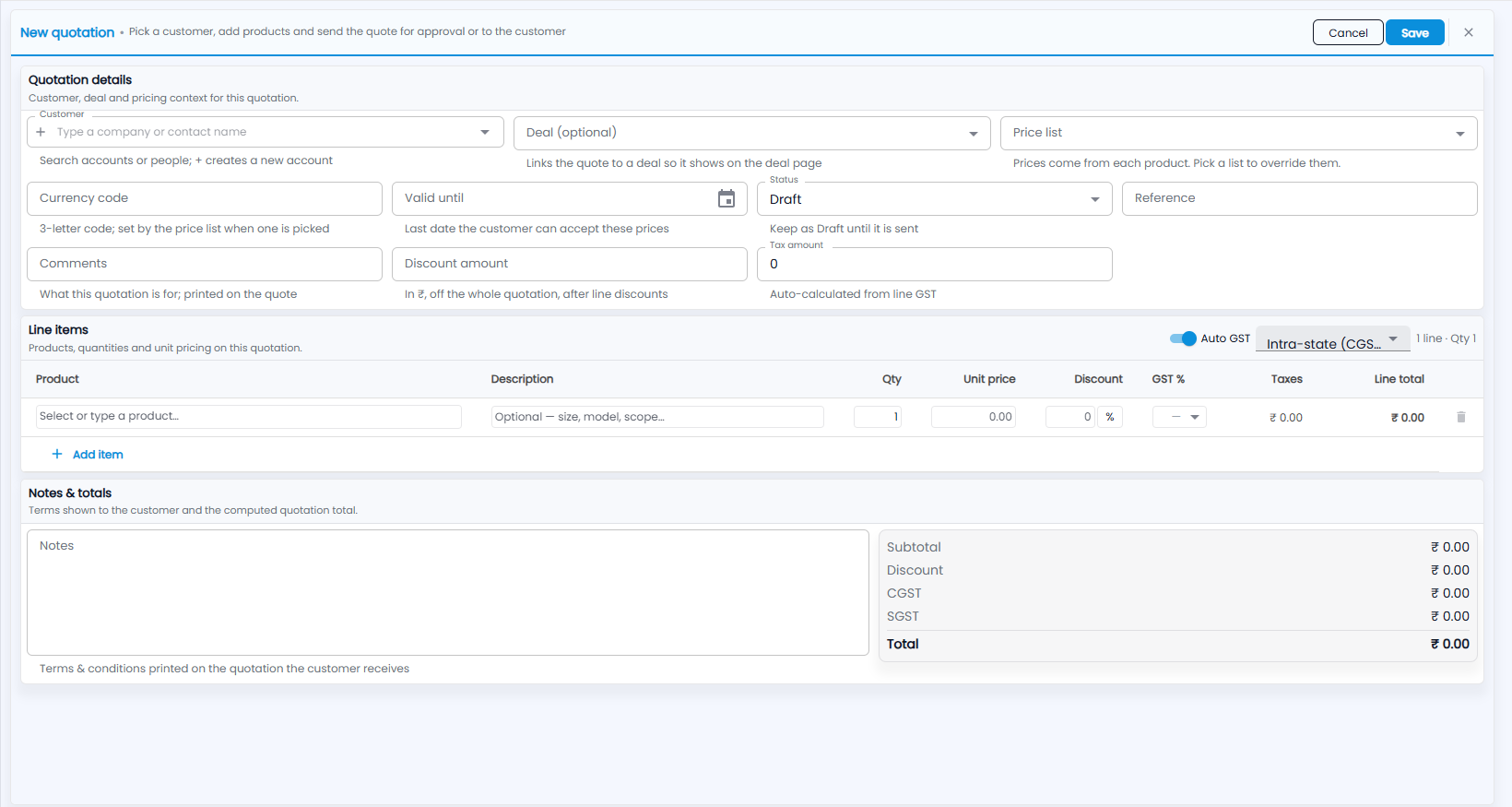 Tazk CRM New quotation form with Quotation details, Line items with Auto GST, and Notes and totals
