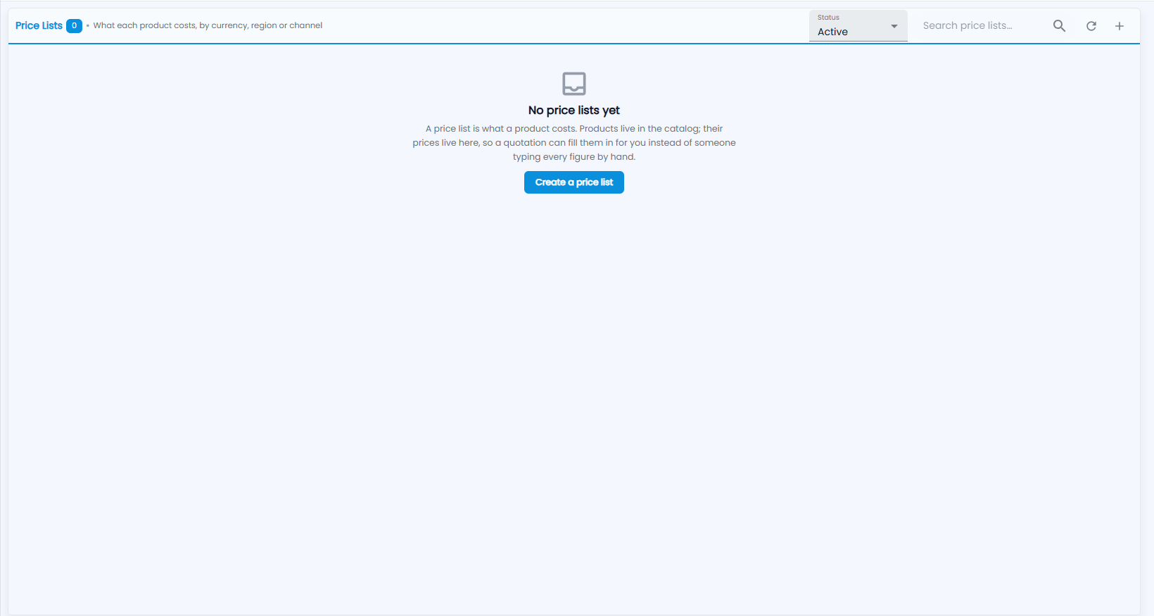 Tazk CRM Quotes › Price Lists with No price lists yet and Create a price list