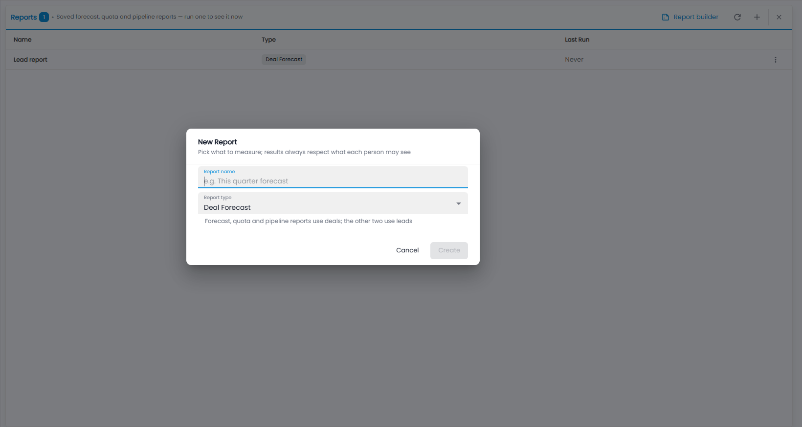 Tazk CRM New Report dialog with report name and report type
