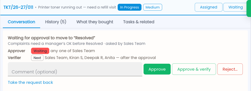 Tazk Service Desk — Waiting for approval: any approver can approve, add a comment, or reject