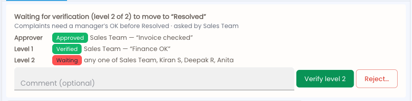 Tazk Service Desk — Two levels: level 1 has verified, level 2 is waiting — every signature keeps its comment