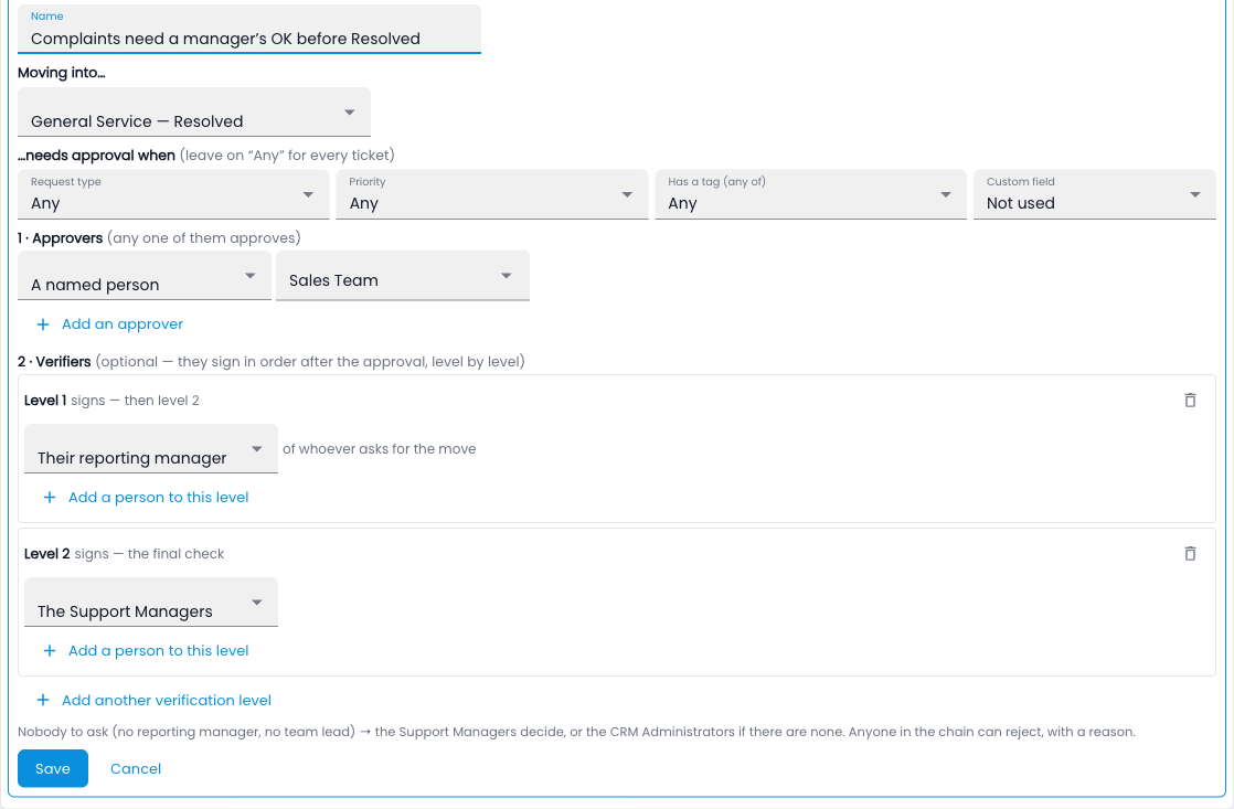 Tazk Service Desk — An approval step: the stage, when it applies, the approvers and two verification levels