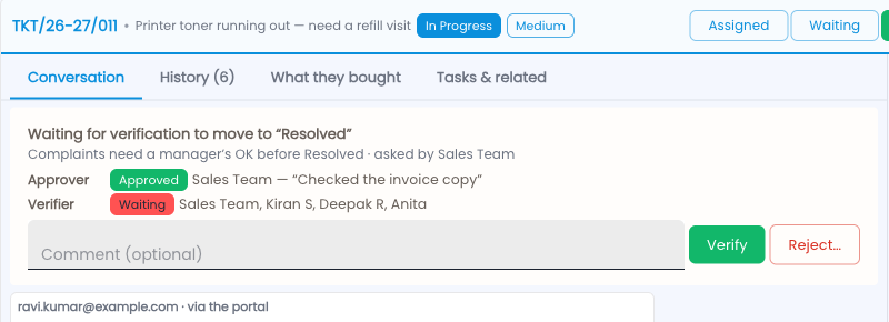 Tazk Service Desk — Approved, waiting for the verifier: the approver’s comment shows on the banner