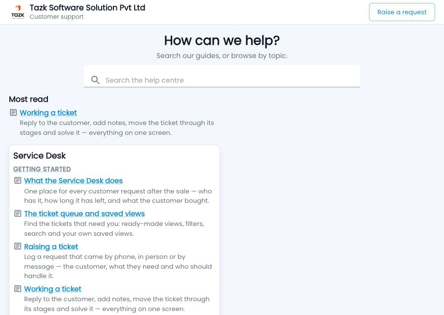Tazk Service Desk — Your public help centre, as customers see it
