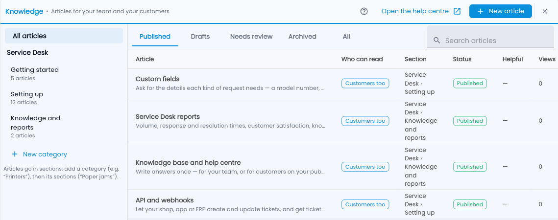 Tazk Service Desk — Knowledge: categories and sections on the left, articles on the right