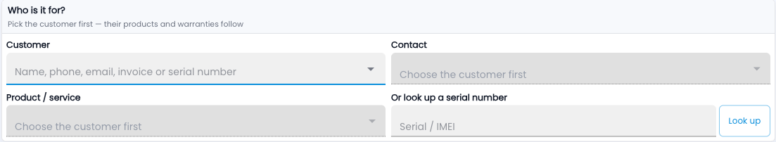 Tazk Service Desk — Pick the customer first — their products and warranties follow