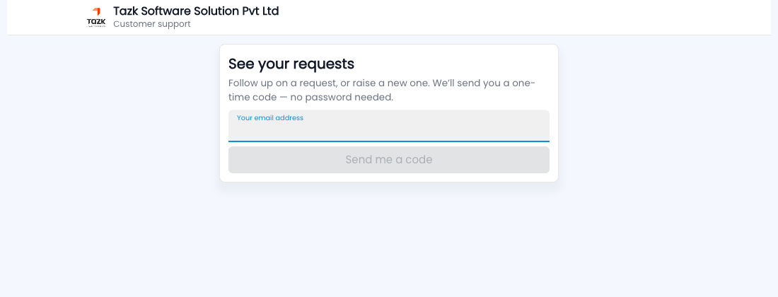 Tazk Service Desk — What customers see: sign in with a one-time code
