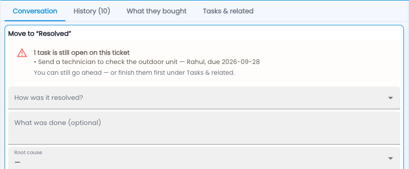 Tazk Service Desk — Resolving with a task still open: a warning, not a block