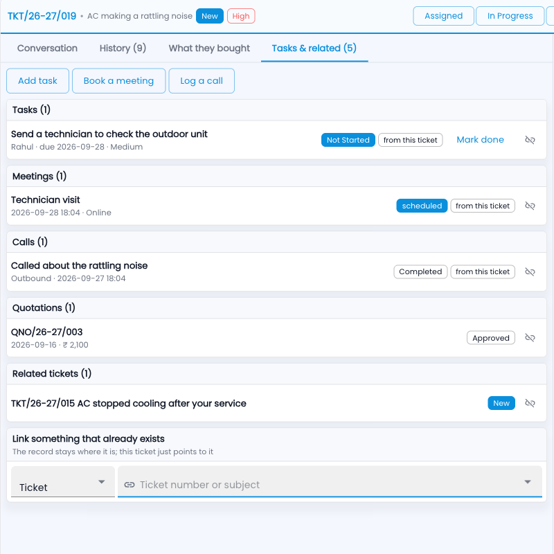 Tazk Service Desk — Tasks & related: a task, a meeting, a call, a quotation and a related ticket